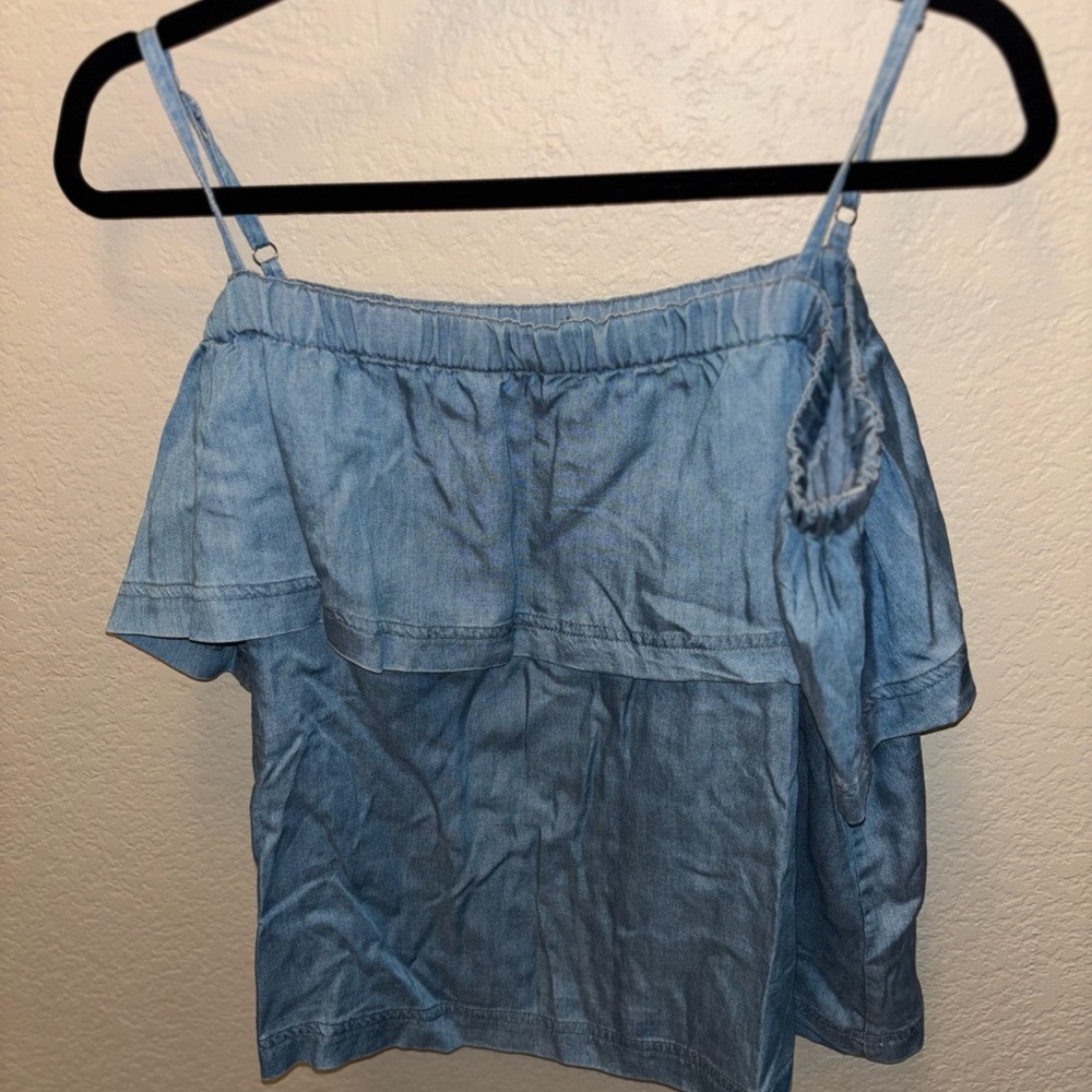Crown & Ivy Women’s Large Light Blue Ruffle Denim Blouse Spaghetti Straps